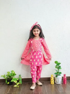 Girls Cotton Kurti Pant Set with Matching Hairband