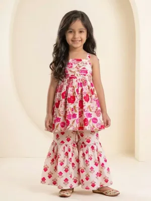Girls Sleeveless Floral Printed Cotton Kurti Sharara Set