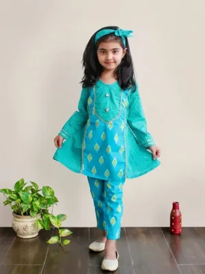 Girls Cotton Kurti Pant Set with Matching Hairband