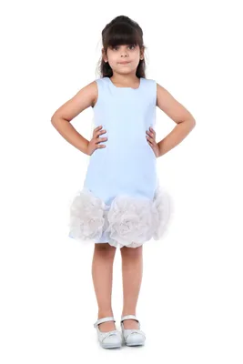 Girls Sky Blue Crepe Rosette Hem Birthday Party Dress
