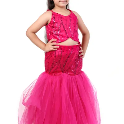 Girls Magenta Fish Cut Sequin Lehenga Choli 2 Piece