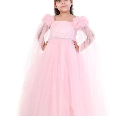 Girls Pink Net Full Length Rosette Birthday Party Gown