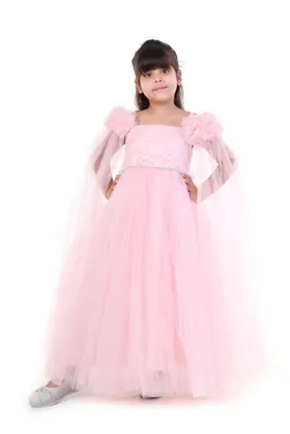 Girls Pink Net Full Length Rosette Birthday Party Gown