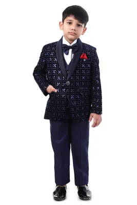 Boys Navy Velvet Embroidered Tuxedo Suit 5 Piece