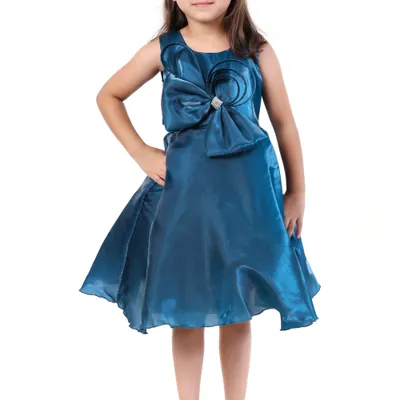 Girls Teal Shimmer Rhinestone Bow Birthday Party Dress