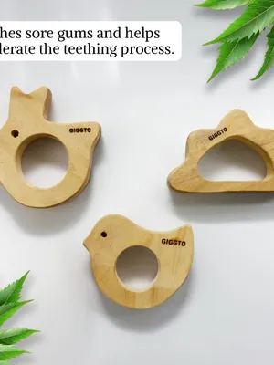 GIGGTO Neem Wood Baby Teether, Natural, Set of 3, Bird, Rabbit and Cloud Shapes, Smooth Finish, for Infants